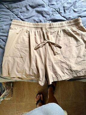 Mona B Lightweight Drawstring Athletic Shorts in Beige